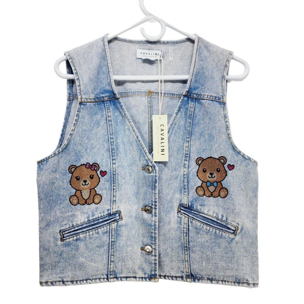 Cavalini Denim Vest With Costume Bear Size Small